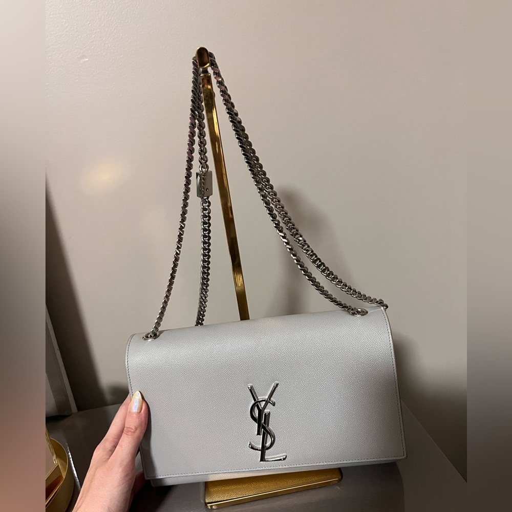 YSL Kate medium bag in gray leather and silver hardware